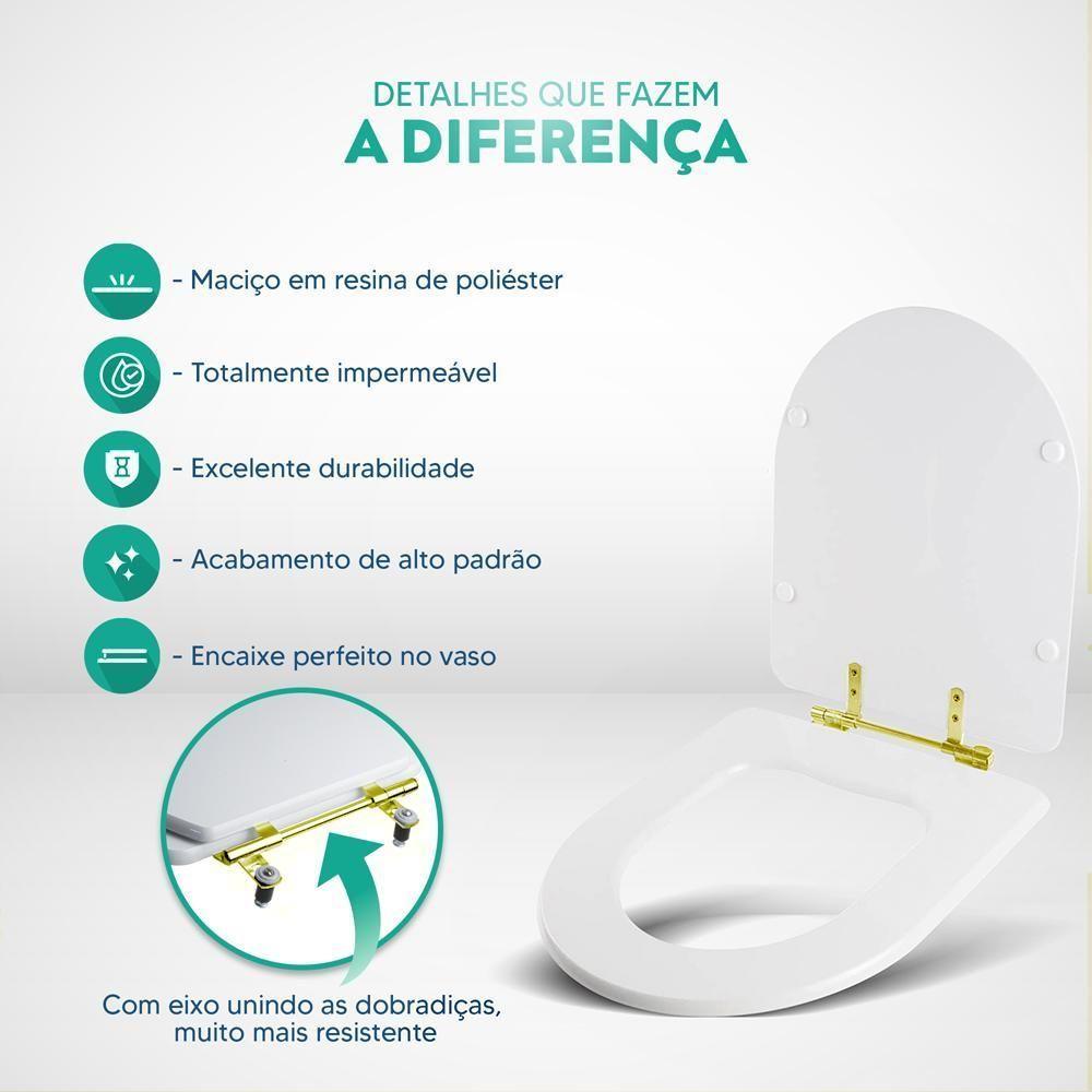 Tampa De Vaso Poliéster Smart Preto Para Bacia Celite Com Ferragem Dourada - 4