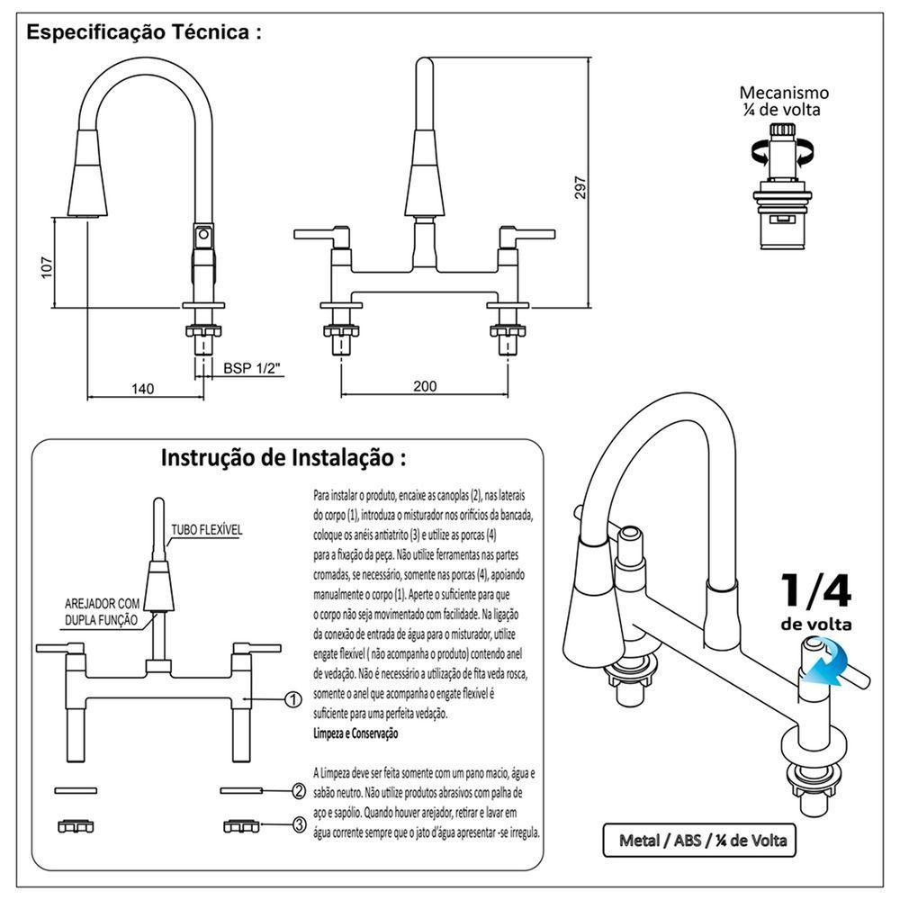 Torneira Misturador Cozinha Tubo Conic Flexível Preto Duplo 2 Jato Mesa - 7