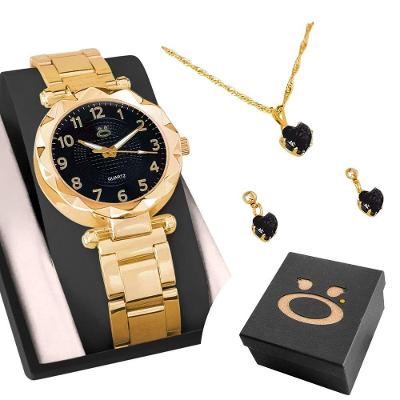Relogio Feminino Aço Preto + Colar Strass + Caixa Ajustavel Presente Ponteiro Garantia Social