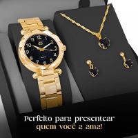 Relogio Feminino Aço Preto + Colar Strass + Caixa Ajustavel Presente Ponteiro Garantia Social - 3