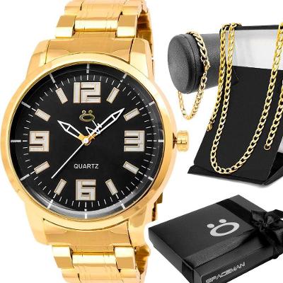 Relogio Masculino Aço Inox Prata + Cordao + Pulseira Mostrador Preto Inoxidável Qualidade Premium