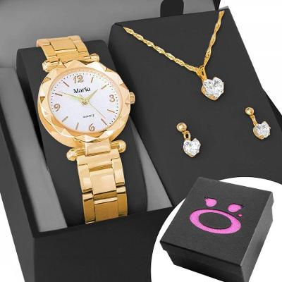 Relogio Feminino Dourado Aço + Colar Strass + Brinco + Caixa Social Original Transparente Garantia