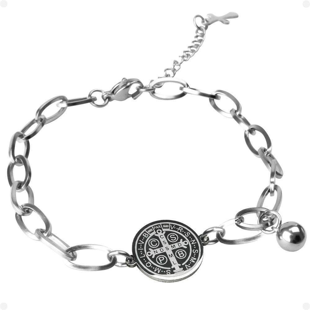 São Bento Pingente + Pulseira Masculina Prata Aço Inoxidável Social Medalha Religiosa Oração Casual - 1