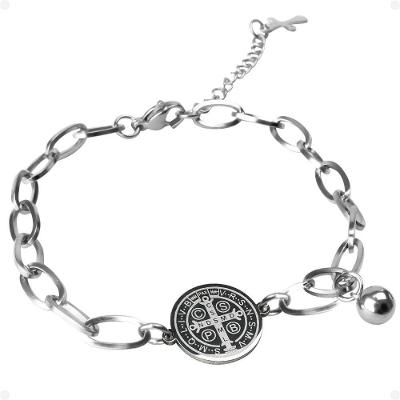 São Bento Pingente + Pulseira Masculina Prata Aço Inoxidável Social Medalha Religiosa Oração Casual