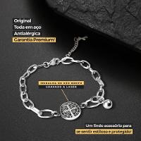 São Bento Pingente + Pulseira Masculina Prata Aço Inoxidável Social Medalha Religiosa Oração Casual - 2