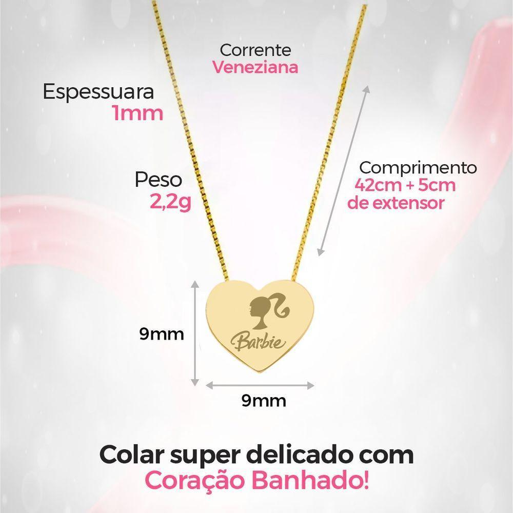 Pingente Coração Barbie + Caixa + Colar Feminino Dourado Aço - 3