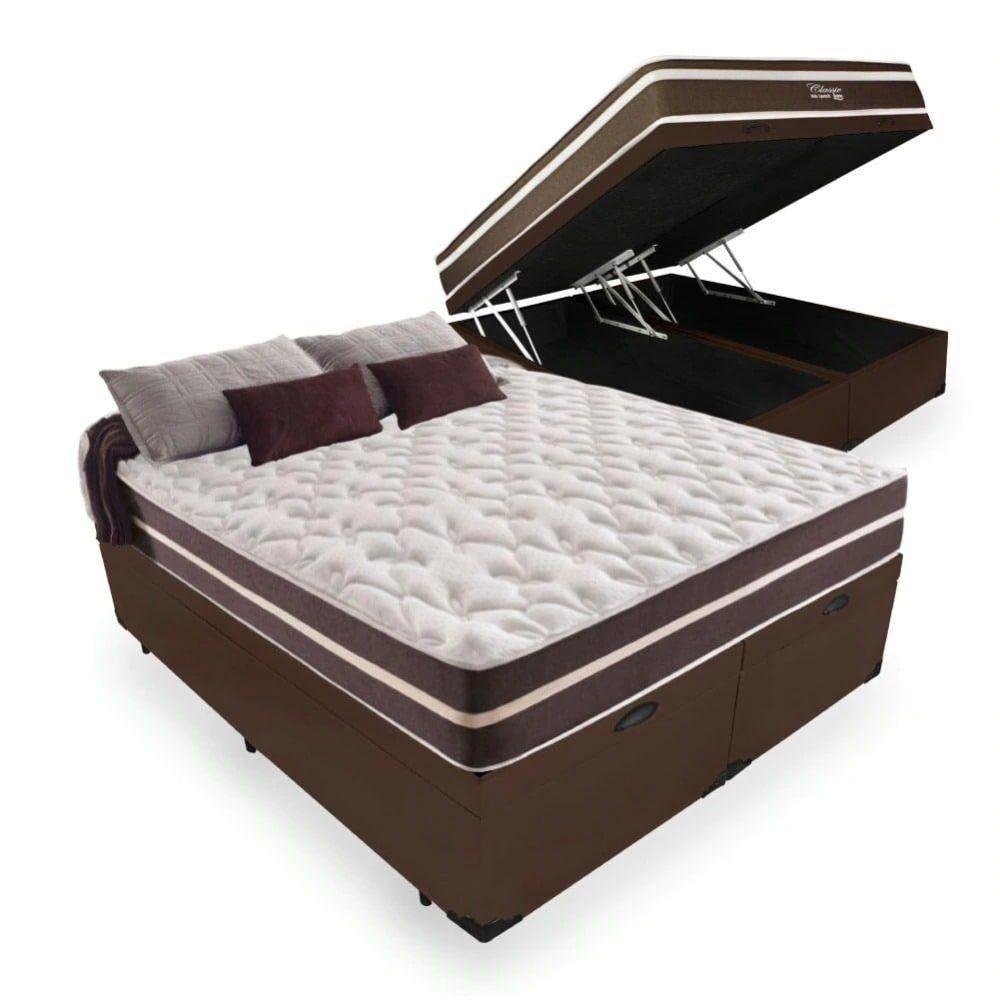 Cama Box Baú Casal 138 Bipartido Tecido Sintético Marrom Com Colchão Little Angel - Bello Box - Mola Superlastic 62x138x188cm - 1