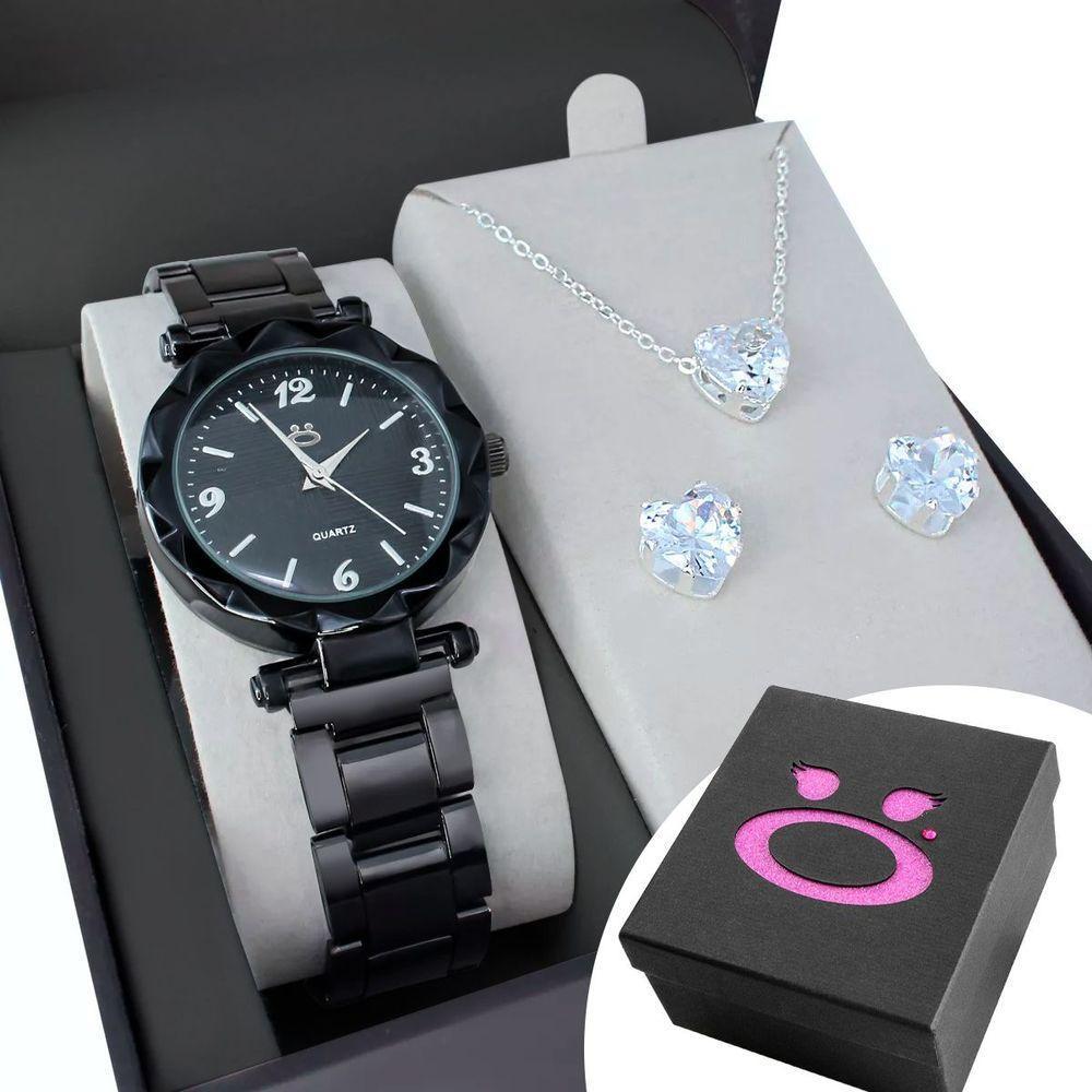 Relogio Feminino Preto Aço + Caixa Social Garantia Original Presente Inoxidável Black Piano Delicado - 1