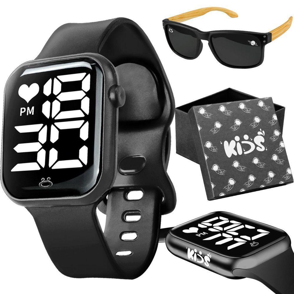 Relogio Digital Infantil + Caixa + Oculos Sol Uv Proteção Resistente Haste Madeira Preto Presente - 1