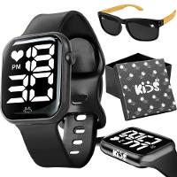 Relogio Digital Infantil + Caixa + Oculos Sol Uv Proteção Resistente Haste Madeira Preto Presente - 1