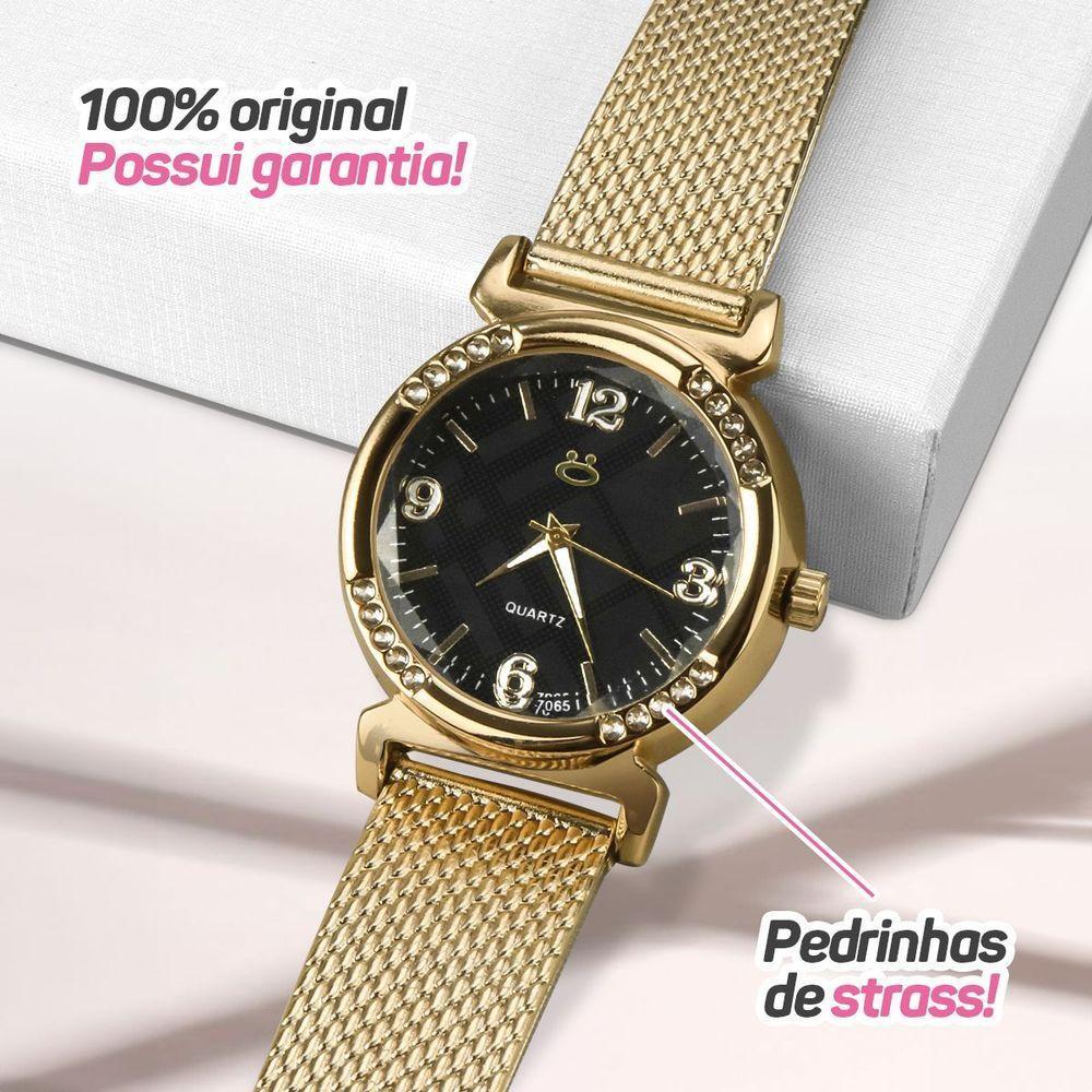 Relogio Feminino Aço Inox Banhado + Pulseira Silicone Marrom Moda Social Ajustavel Presente Casual - 5