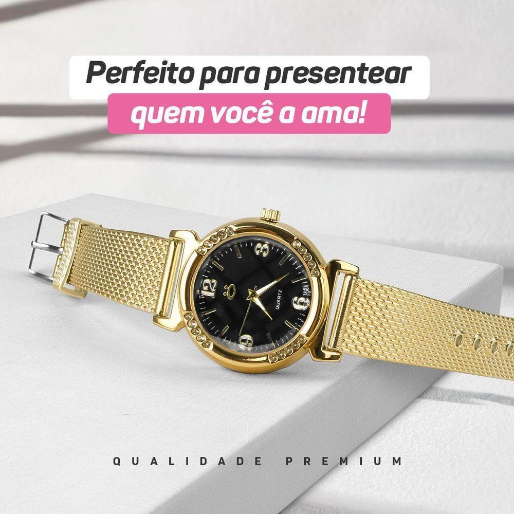 Relogio Feminino Aço Inox Banhado + Pulseira Silicone Marrom Moda Social Ajustavel Presente Casual - 6