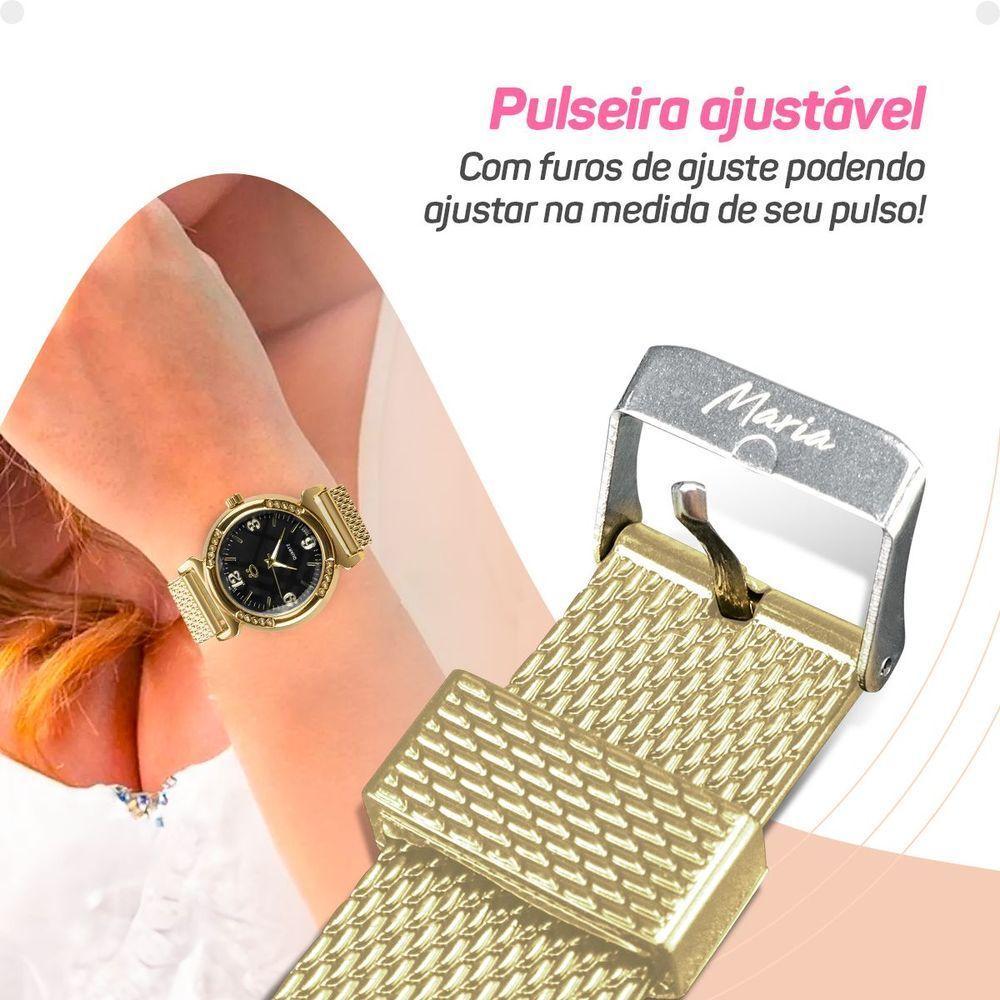 Relogio Feminino Aço Inox Banhado + Pulseira Silicone Marrom Moda Social Ajustavel Presente Casual - 7
