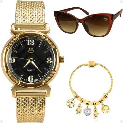 Relogio Feminino Aço Inox Banhado + Pulseira Silicone Marrom Moda Social Ajustavel Presente Casual