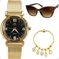 Relogio Feminino Aço Inox Banhado + Pulseira Silicone Marrom Moda Social Ajustavel Presente Casual - 1
