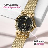Relogio Feminino Aço Inox Banhado + Pulseira Silicone Marrom Moda Social Ajustavel Presente Casual - 5
