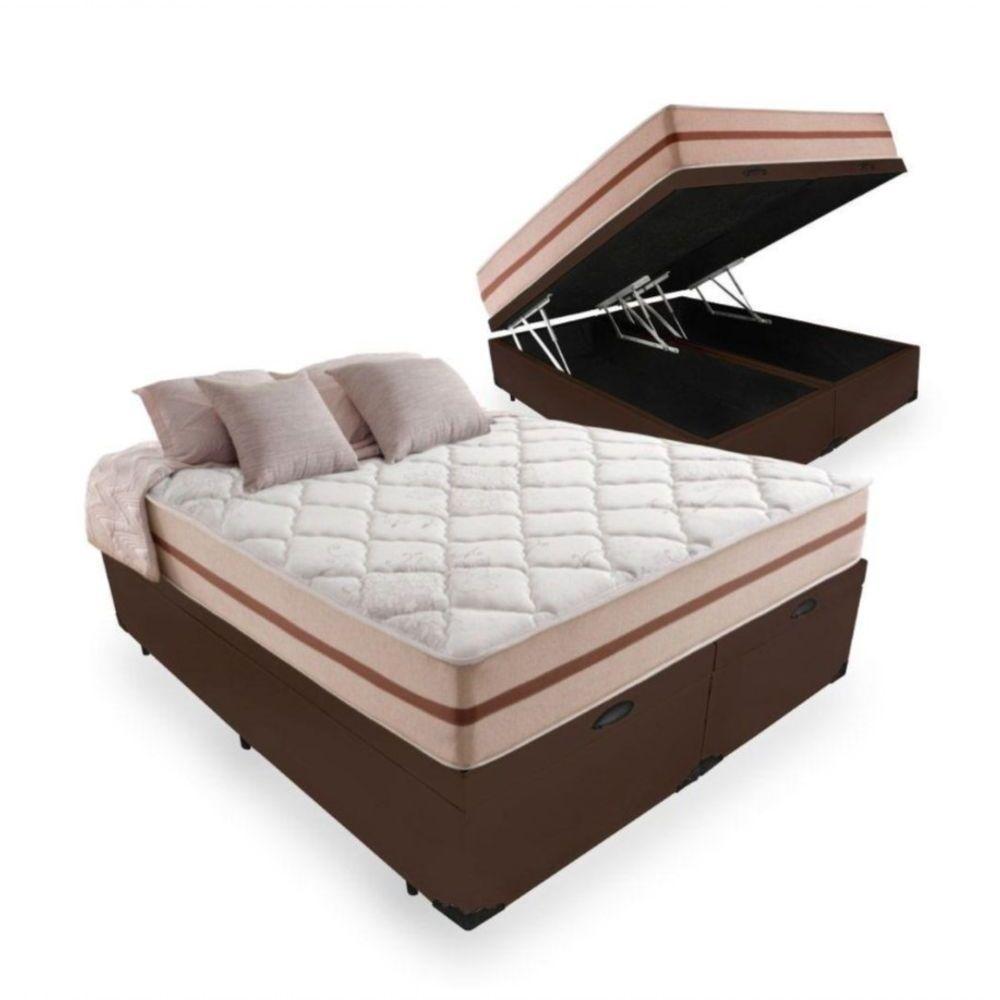 Cama Box Baú King Tecido Sintético Marrom Com Colchão Pillow Angel - Bello Box - Molas Ensacadas - 1