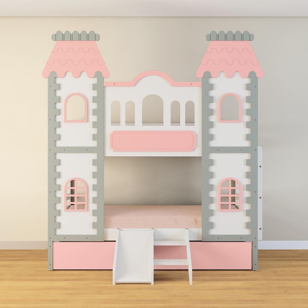Beliche Castelo Encantado 02 Gavetas Rosa Kit Escada/escorregador - Madeira Maciça Branco/cinza/rosa Housin - 1