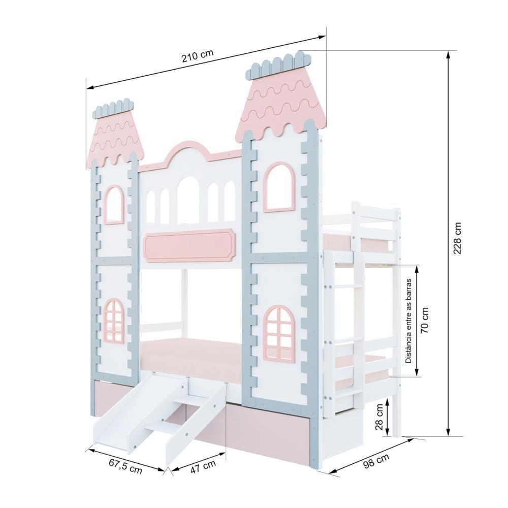 Beliche Castelo Encantado 02 Gavetas Rosa Kit Escada/escorregador - Madeira Maciça Branco/cinza/rosa Housin - 5
