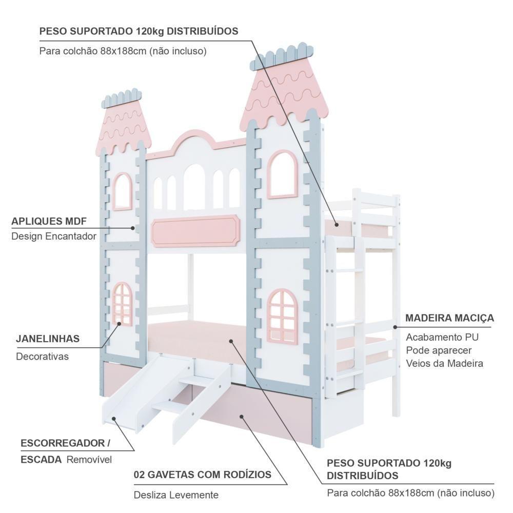 Beliche Castelo Encantado 02 Gavetas Rosa Kit Escada/escorregador - Madeira Maciça Branco/cinza/rosa Housin - 6