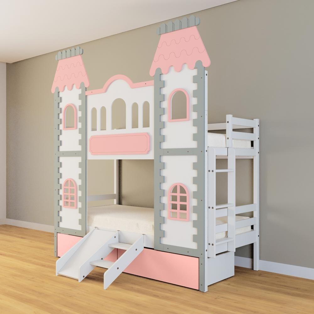 Beliche Castelo Encantado 02 Gavetas Rosa Kit Escada/escorregador - Madeira Maciça Branco/cinza/rosa Housin - 7