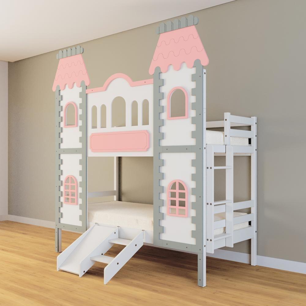 Beliche Castelo Encantado Com Kit Escada/escorregador - Madeira Maciça Branco/cinza/rosa Housin - 2