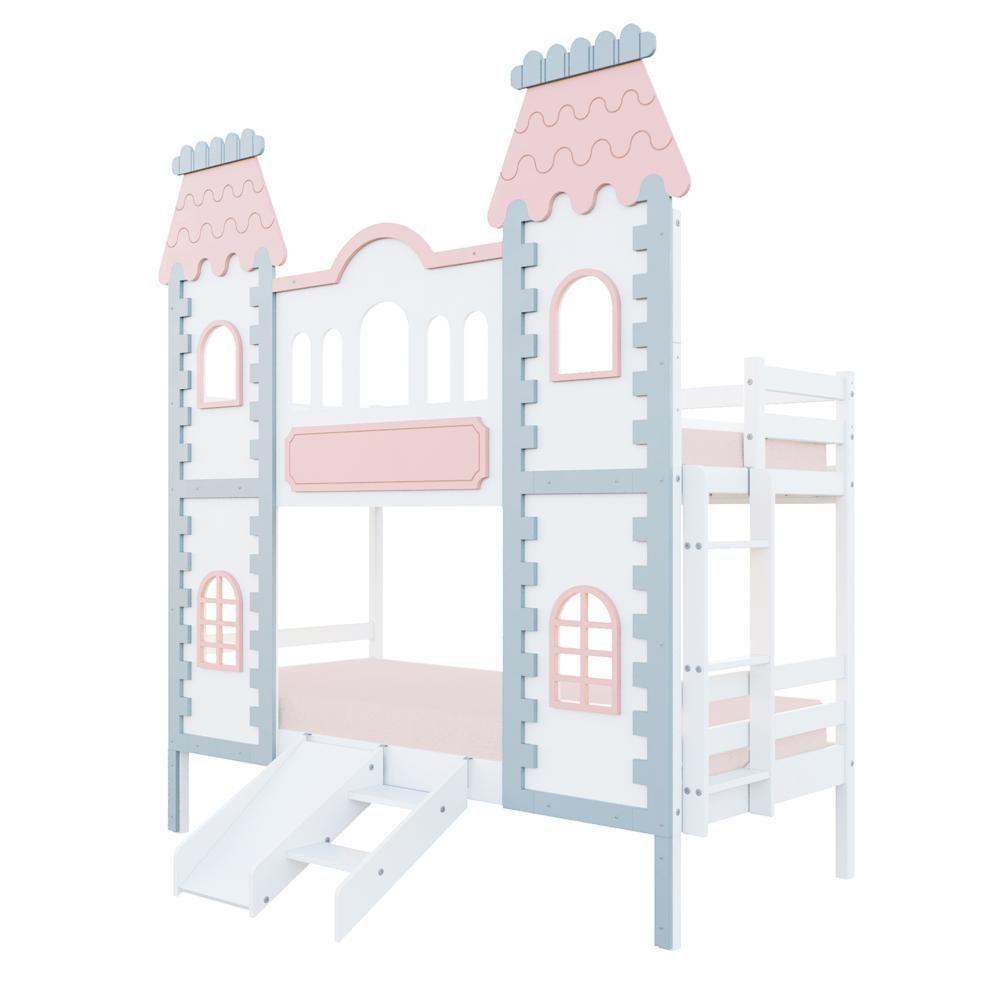 Beliche Castelo Encantado Com Kit Escada/escorregador - Madeira Maciça Branco/cinza/rosa Housin - 3