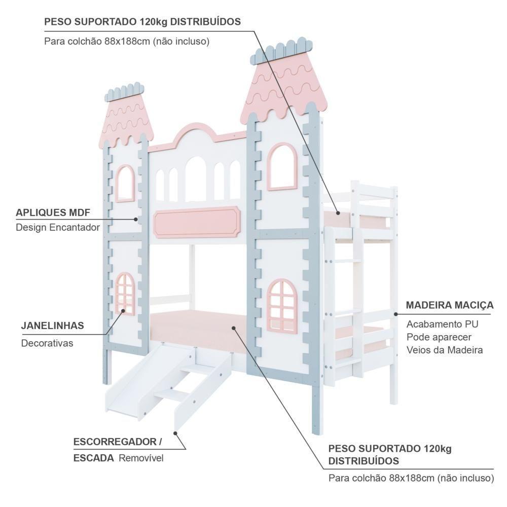Beliche Castelo Encantado Com Kit Escada/escorregador - Madeira Maciça Branco/cinza/rosa Housin - 4