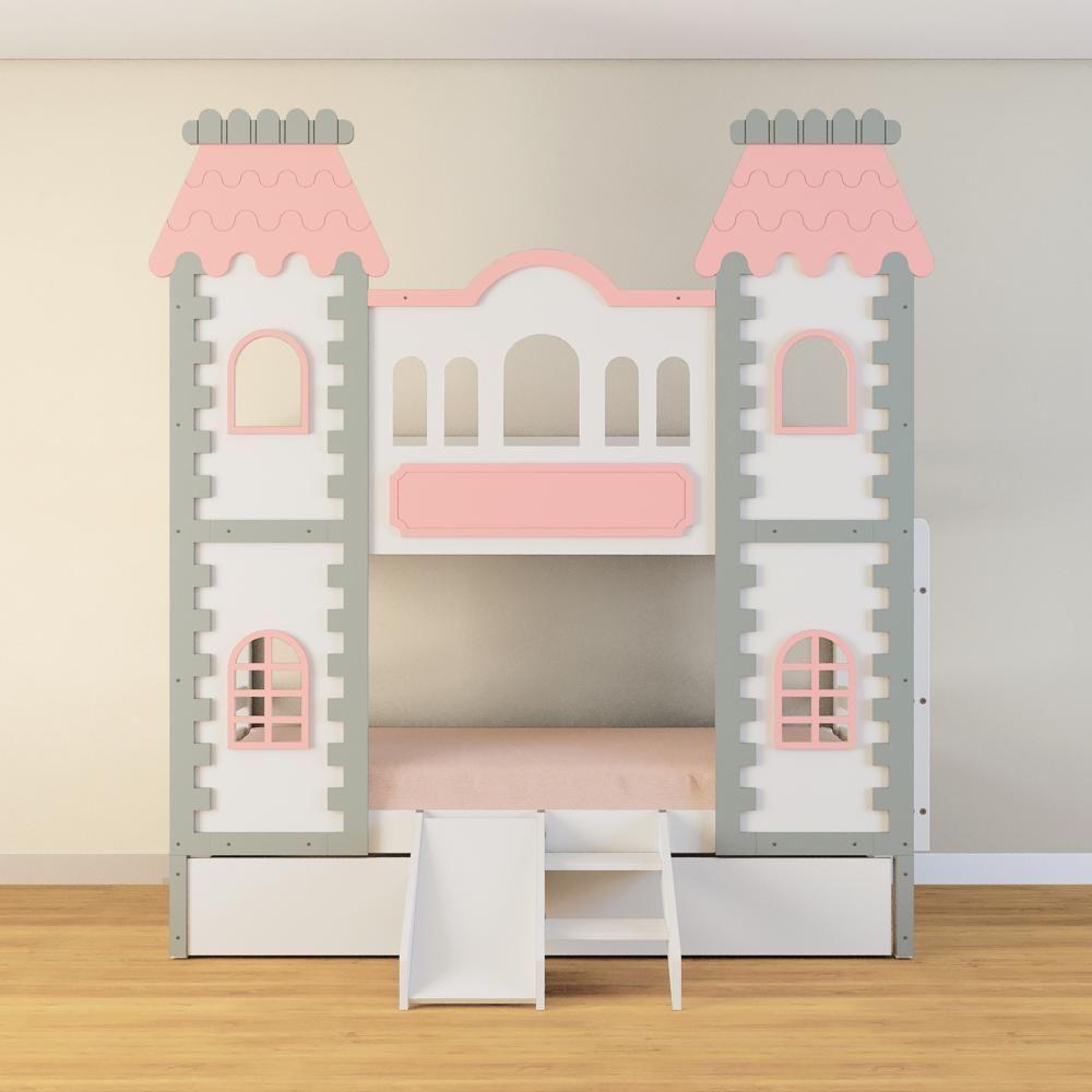 Beliche Castelo Encantado 02 Gavetas Kit Escada/escorregador - Madeira Maciça Branco/cinza/rosa Housin - 1