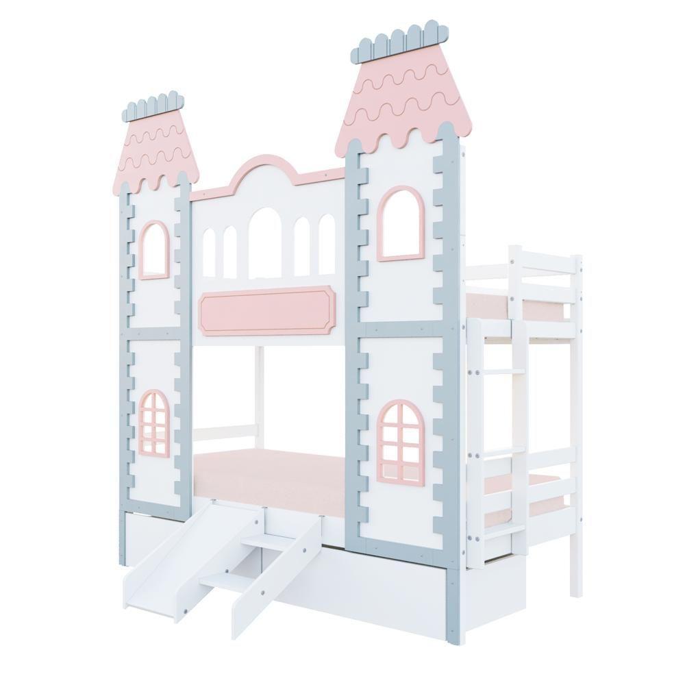 Beliche Castelo Encantado 02 Gavetas Kit Escada/escorregador - Madeira Maciça Branco/cinza/rosa Housin - 4