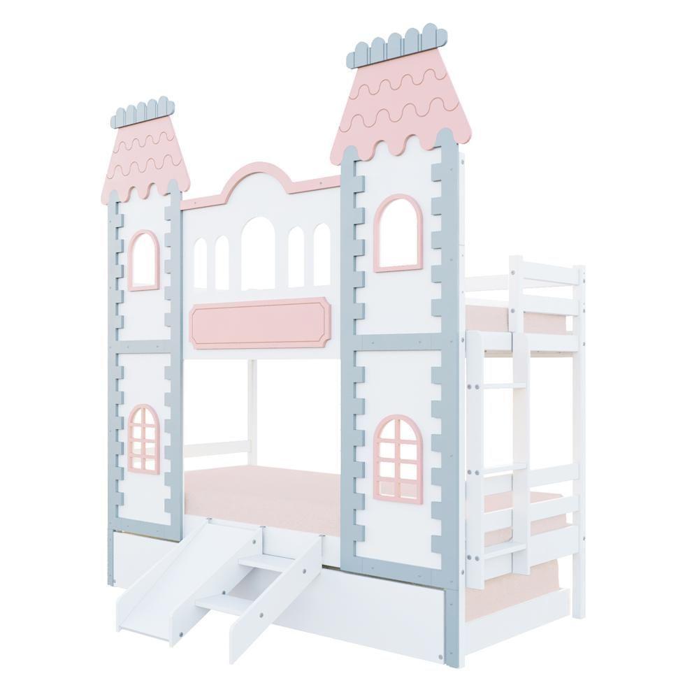 Treliche Castelo Encantado Com Kit Escada/escorregador - Madeira Maciça Branco/cinza/rosa Housin - 3