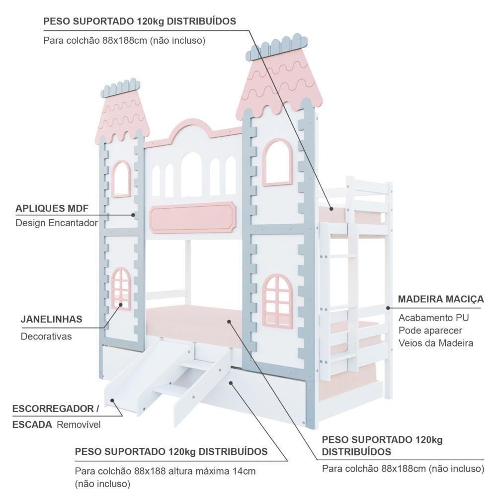 Treliche Castelo Encantado Com Kit Escada/escorregador - Madeira Maciça Branco/cinza/rosa Housin - 5