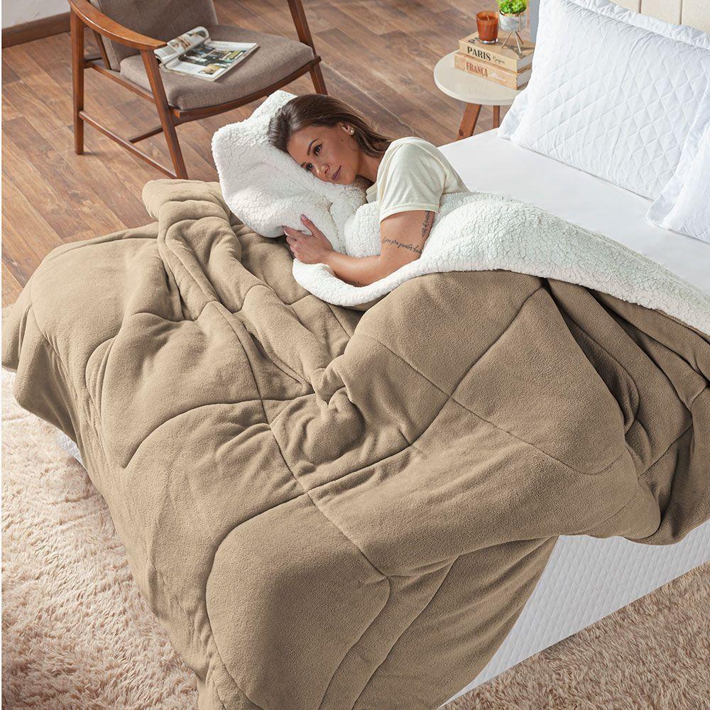 Coberdrom Cobertor Queen 1 Peça Maya Manta Soft E Sherpa De Carneiro 100% Poliéster - Bege - 3