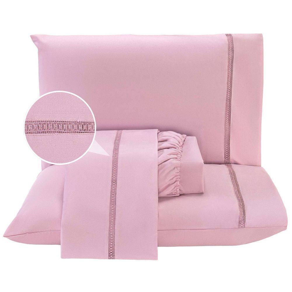 Jogo Lençol Casal Blush Guipir 4pç 100% Poliéster Malva - 1