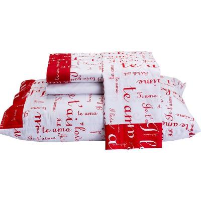 Jogo De Lençol Te Amo Queen 4 Peças Estampado 100% Algodão Percal 150 Fios - Vermelho-branco