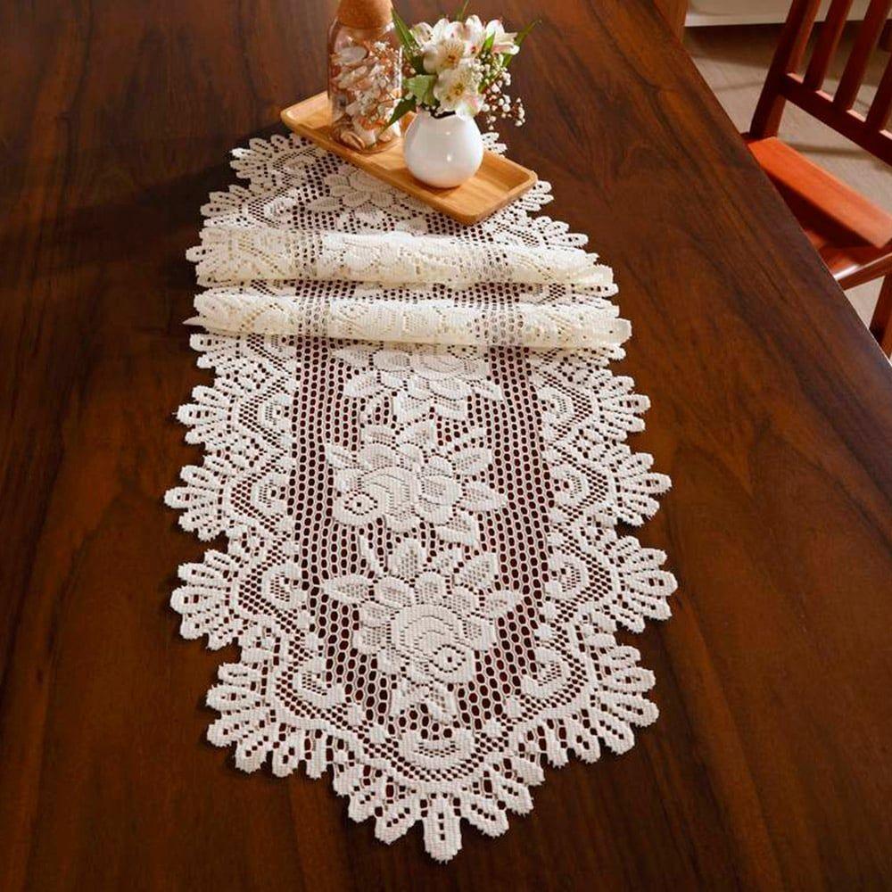 Trilho Oval Para Mesa Interlar Renda 100% Poliéster Rose Gardênia 40cmx1,25m Cru - 1