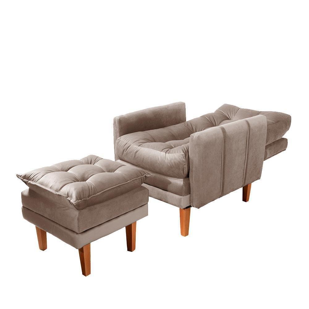 Poltrona Reclinável 3 Posições Pés Em Madeira Restida Veludo Bege - 3