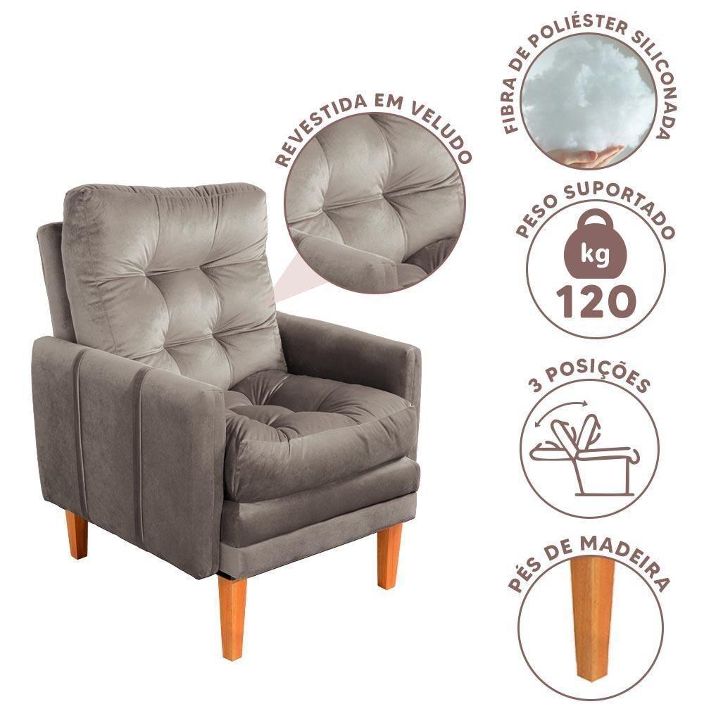 Poltrona Reclinável 3 Posições Pés Em Madeira Restida Veludo Bege - 4