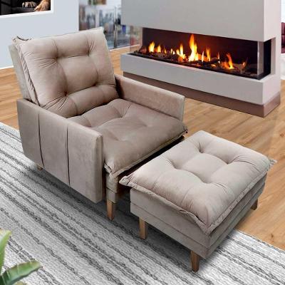 Poltrona Reclinável 3 Posições Pés Em Madeira Restida Veludo Bege