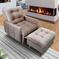 Poltrona Reclinável 3 Posições Pés Em Madeira Restida Veludo Bege - 1