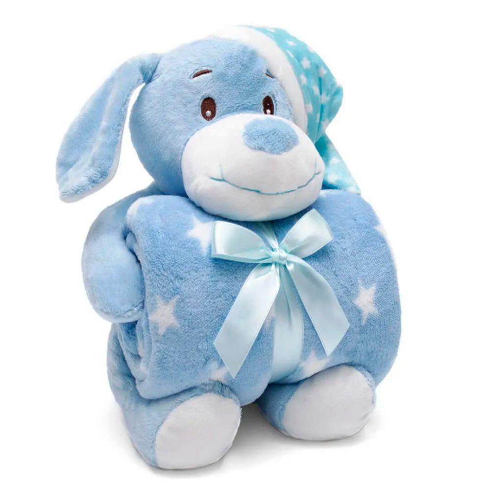 Manta E Bichinho Pelúcia Buettner Baby Microfibra Puppy Dog Com Touca Azul - 1