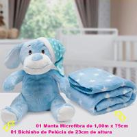 Manta E Bichinho Pelúcia Buettner Baby Microfibra Puppy Dog Com Touca Azul - 3