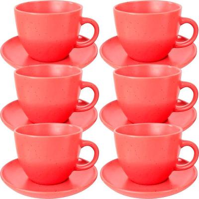 Conjunto 12pçs Xícaras Com Pires Vermelho Em Cerâmica 210ml