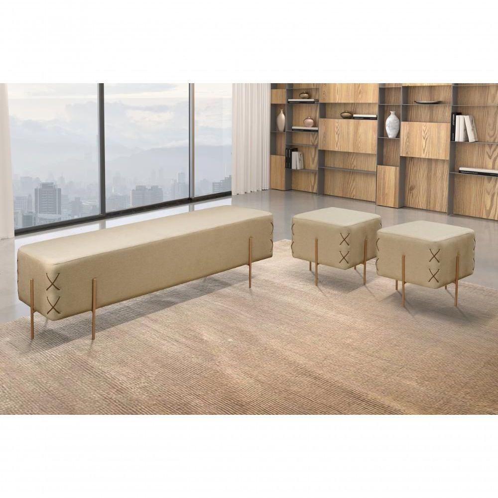 Puff Banqueta Eros Luxo Bronze Castellar Móbile Linho Bege Linho Bege - 4