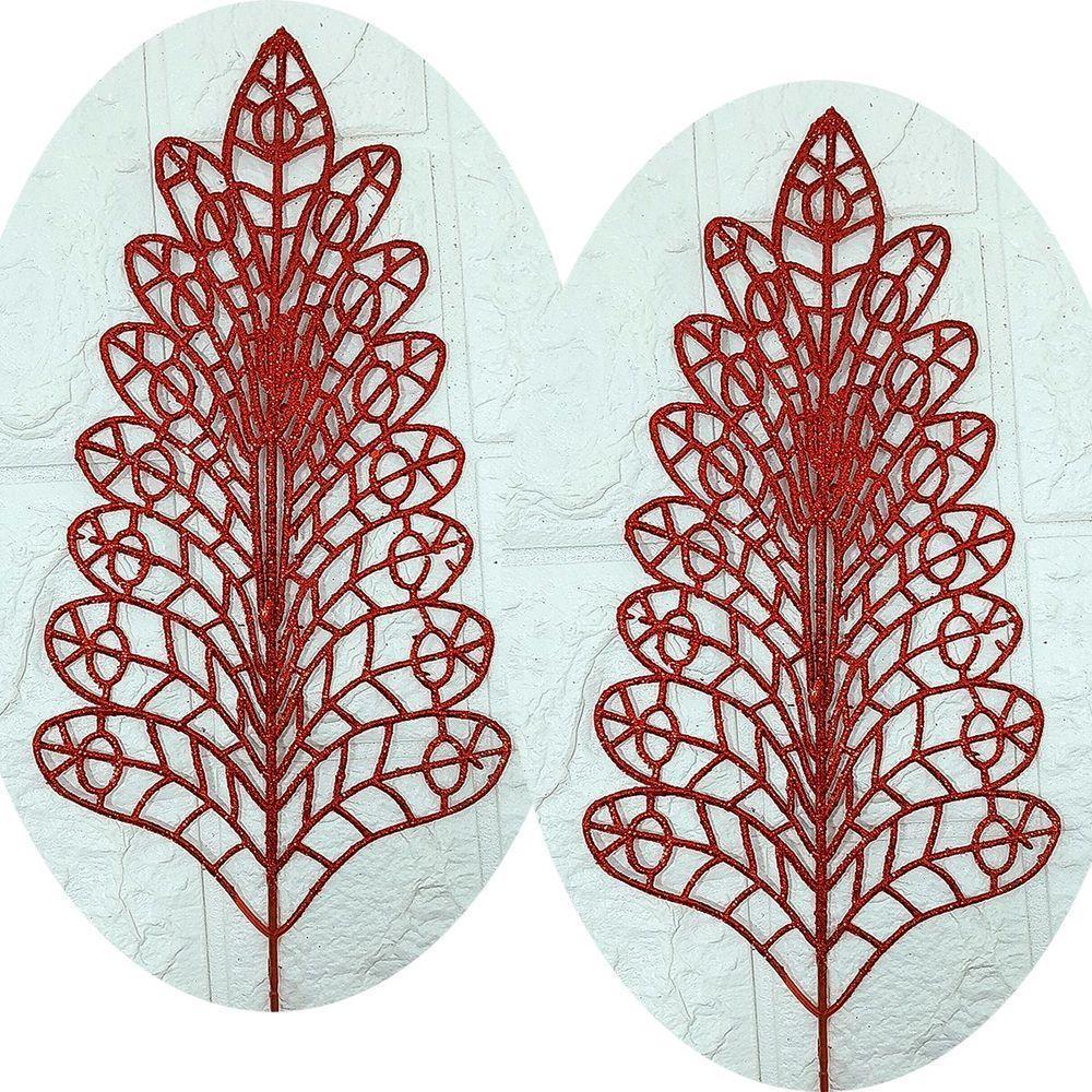 Folhas Flores árvore Natal Gliter Vermelho De 40cm Kit 6pçs - 1