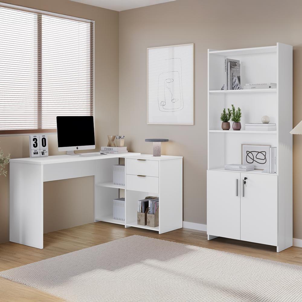 Conjunto Para Escritorio Com Mesa Em L Nt2060 E Armário Multiuso Branco Notável Móveis - 1