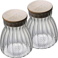 Pote Hermético Com Frisos Tampa Bambu Recipiente Vidro 700ml