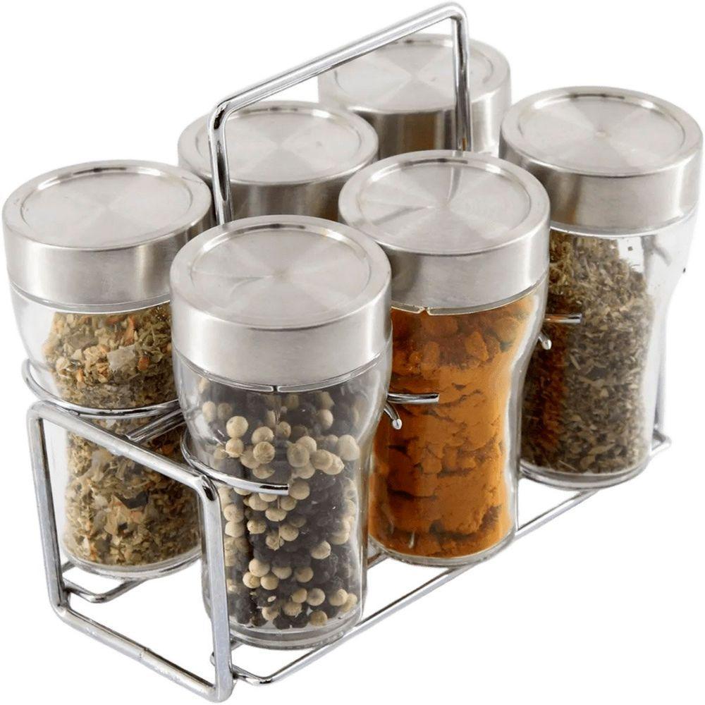 Porta Temperos Condimentos Vidro Conjunto 6pçs Com Suporte - 1