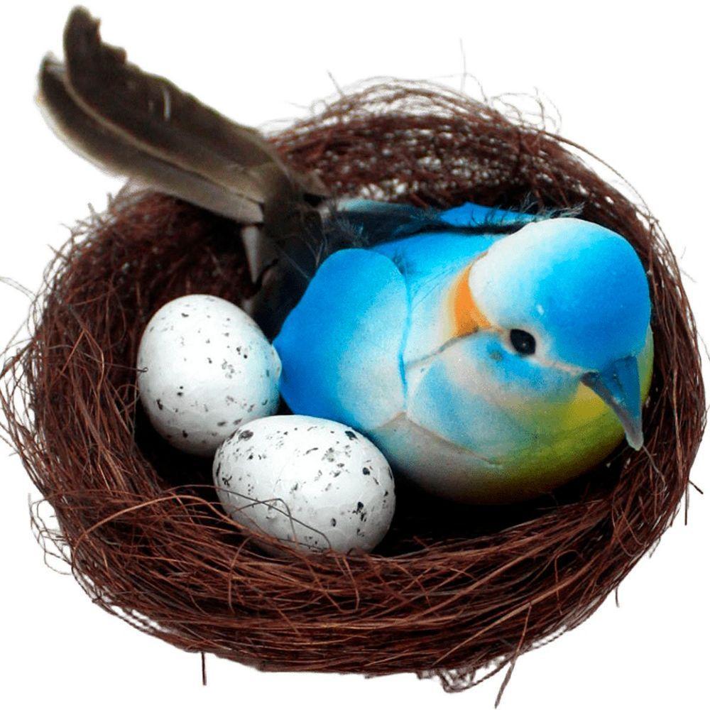 Enfeite Decorativo Pássaro Azul Ninho Ovos 5x15cm - 1