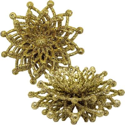 Kit 16 Flores Douradas Gliter Decoração árvore De Natal 10cm